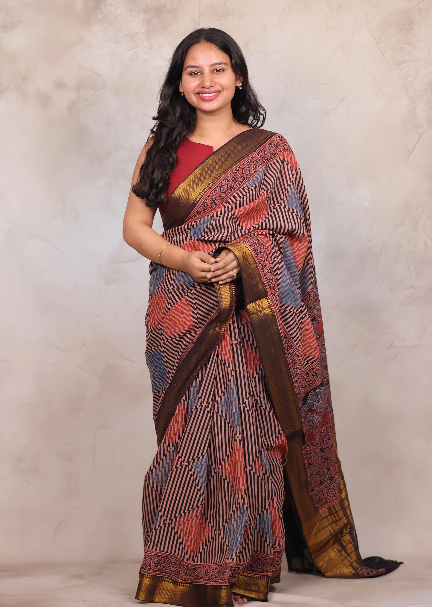 Ajrakh Hand Block Printed Mangalagiri Cotton Saree | Looms & Tassels