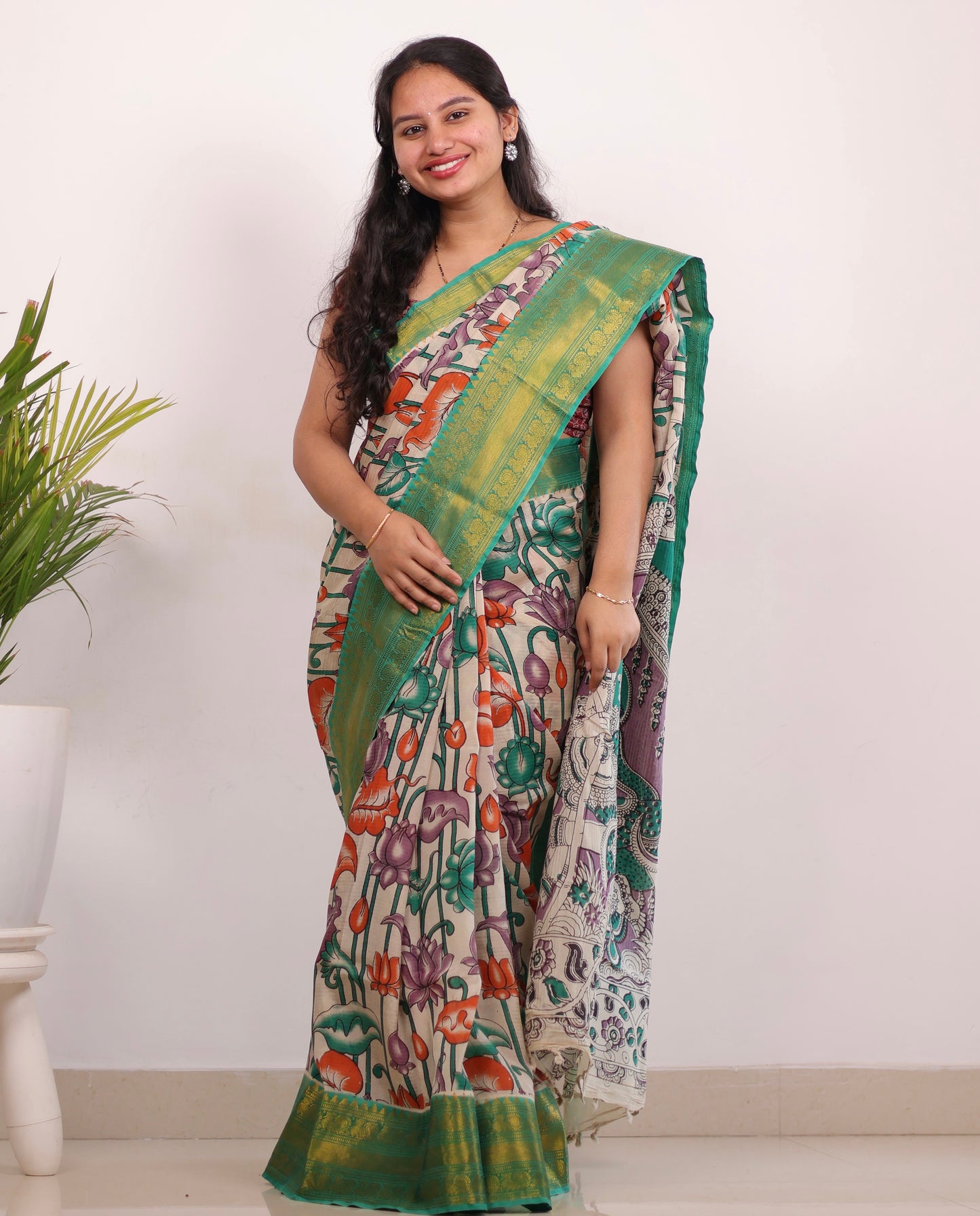 Cream & Green Kanchi border Kalamkari chennur silk saree