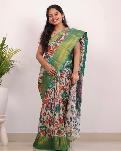 Cream & Green Kanchi border Kalamkari chennur silk saree