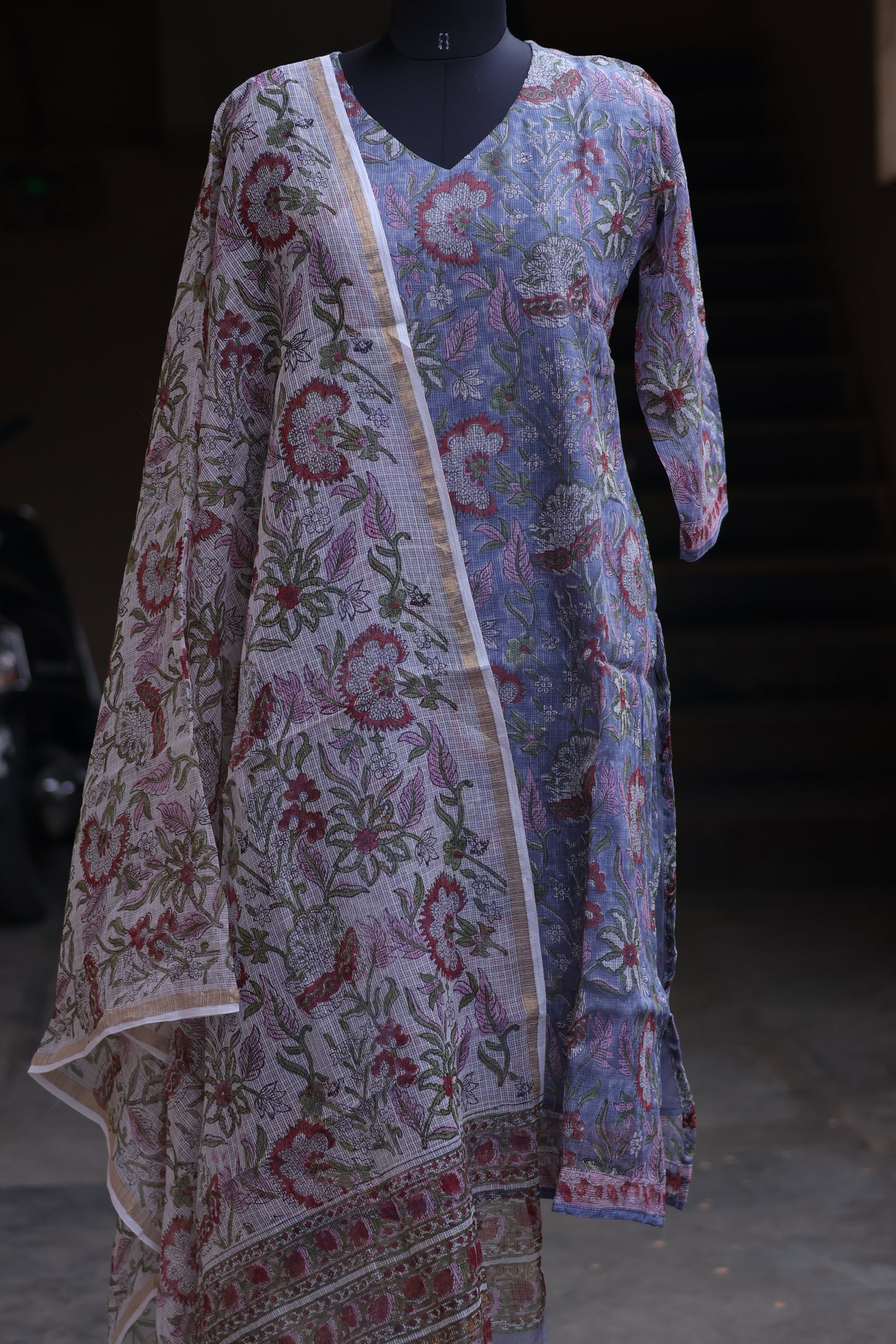 Pastel Handblock printed kota 3 piece suit (stitched)