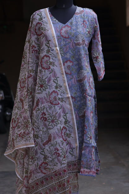 Pastel Handblock printed kota 3 piece suit (stitched)