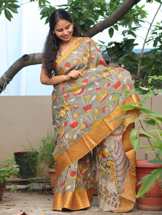 Grey Lotus & Pichwai  Kalamkari Silk Handcrafted Kanchi Border Saree