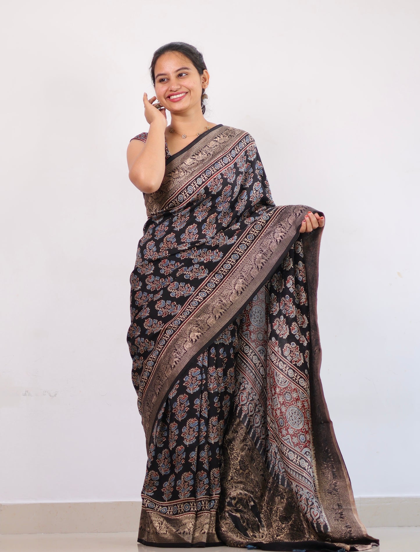 Ajrakh Dola Silk Saree