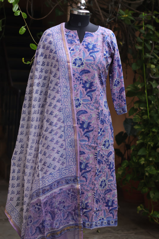 Lavender Handblock printed Pure Mul Cotton with Kota Doria Duppata 3 piece suit (stitched)