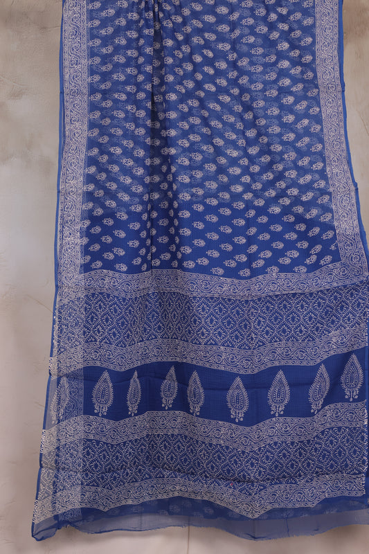 Cyan Blue Pure Kota Doria Saree with Bagru Handblock Prints | Looms & Tassels