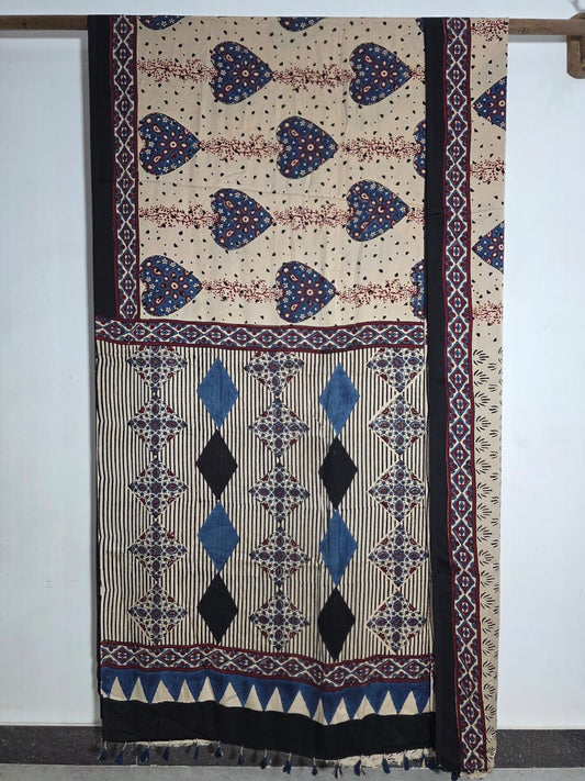 Cream Exclusive Ajrakh Handblock Printed Modal Silk Saree