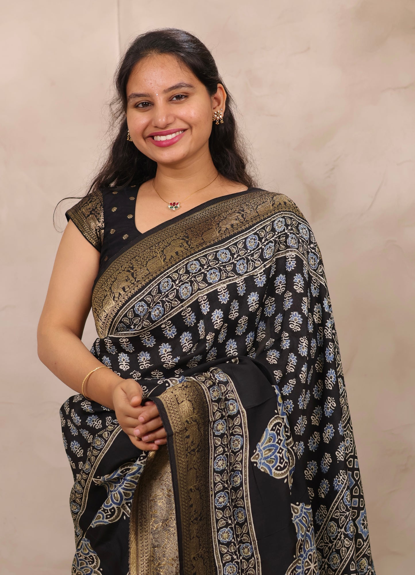Black Ajrakh Handblock printed Dola Silk Saree | Looms & Tassels