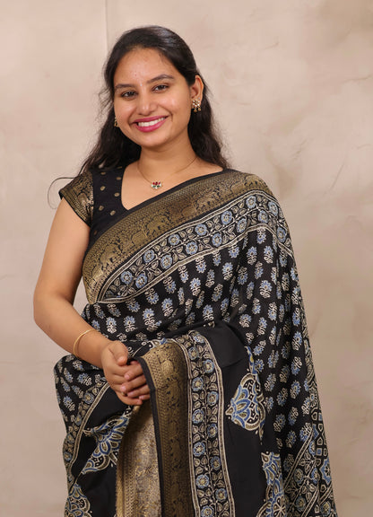 Black Ajrakh Handblock printed Dola Silk Saree | Looms & Tassels