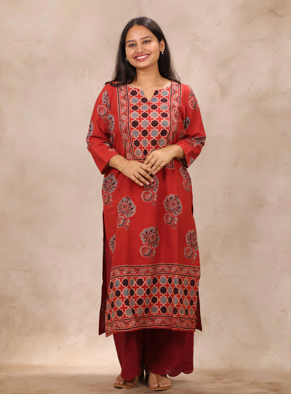 Red Ajrakh Pattern Hand Block Cotton printed Kurti | Looms & Tassels