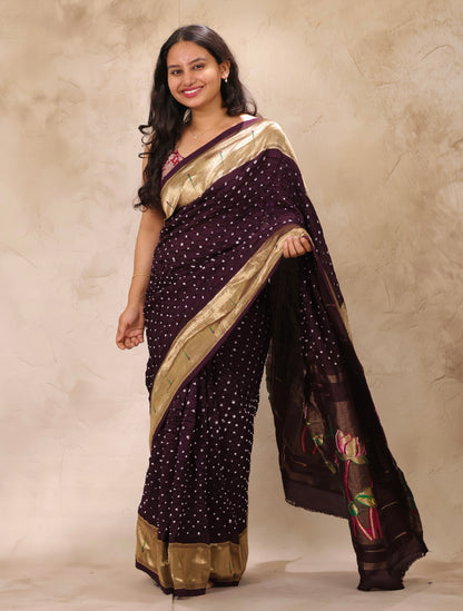 Deep Purple Handcrafted Bandhani Paithani Dola Silk Saree | Looms & Tassels