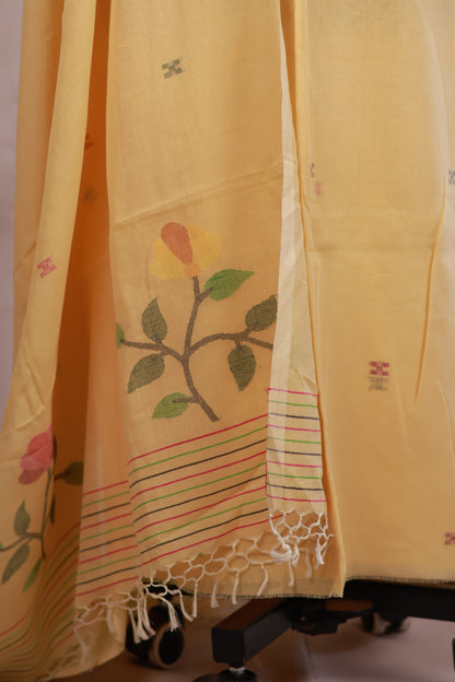 Yellow Handwoven Jamdhani weaving pure Malai cotton 2 piece suit sets | Looms & Tassels