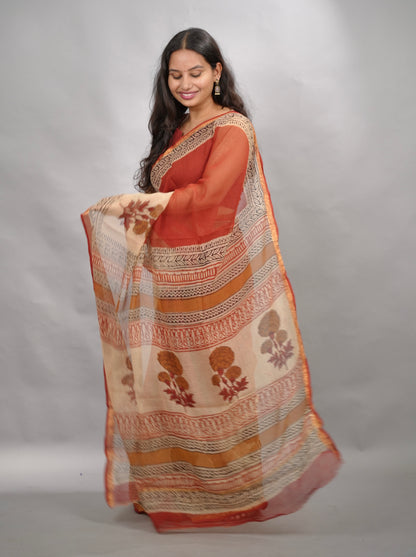 Maroon Pure Kota Doria Saree with Bagru Handblock Prints | Looms & Tassels