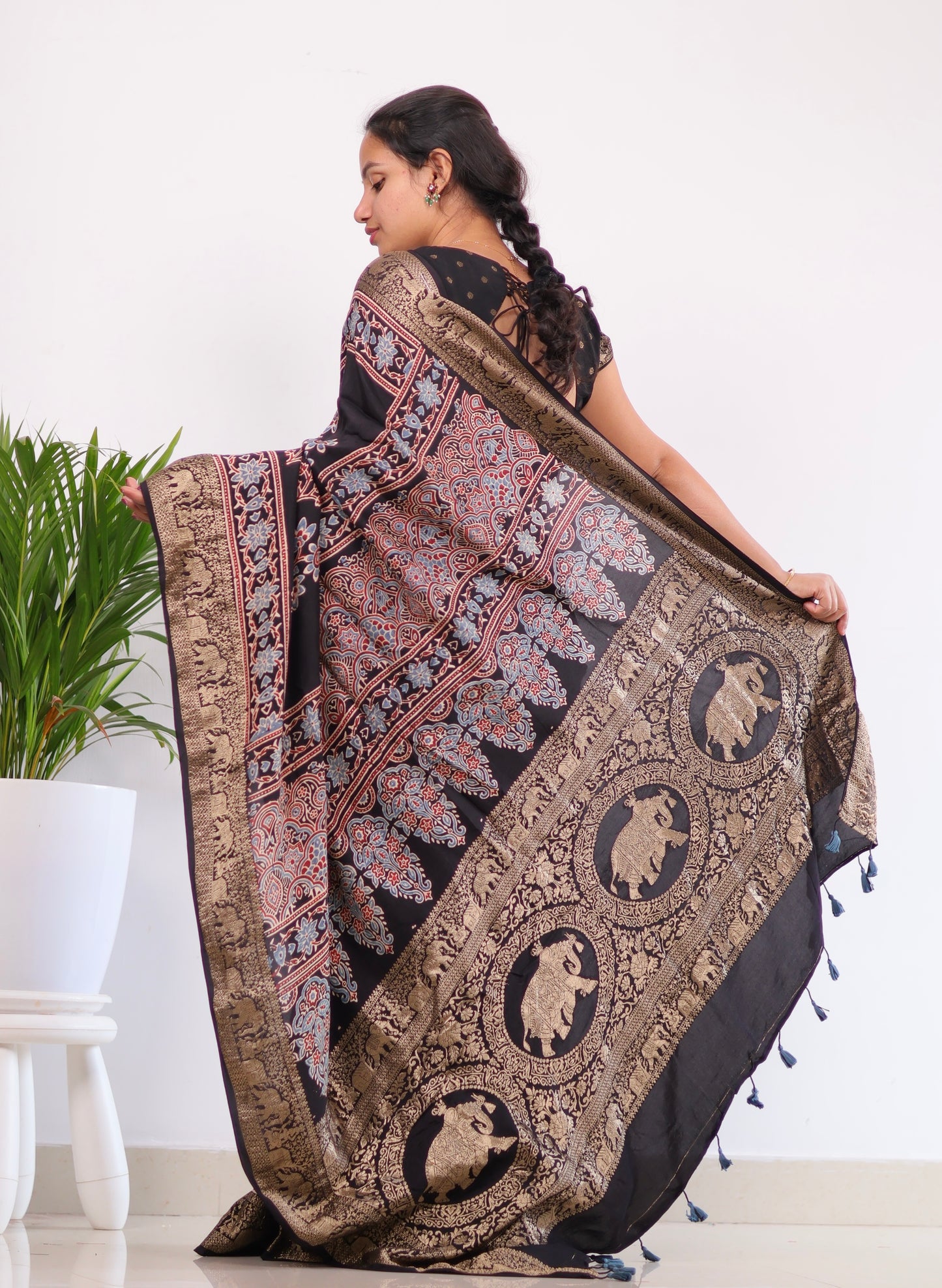 Ajrakh Dola Silk Saree