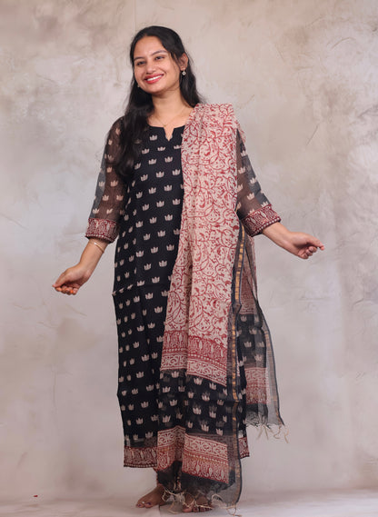 Black Handblock printed kota 3 piece suit (stitched)