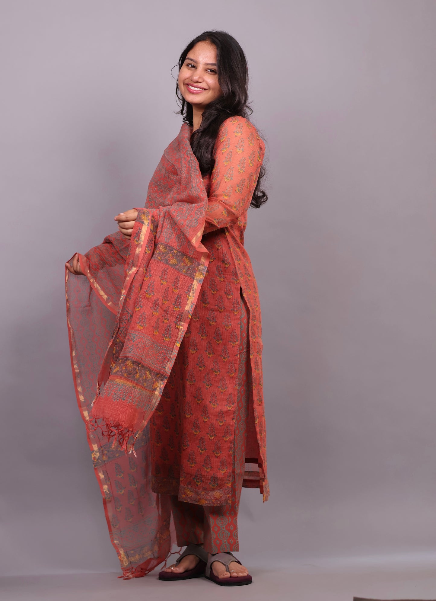 Rust orange Handblock printed kota 3 piece suit with chudi sleeves (stitched)