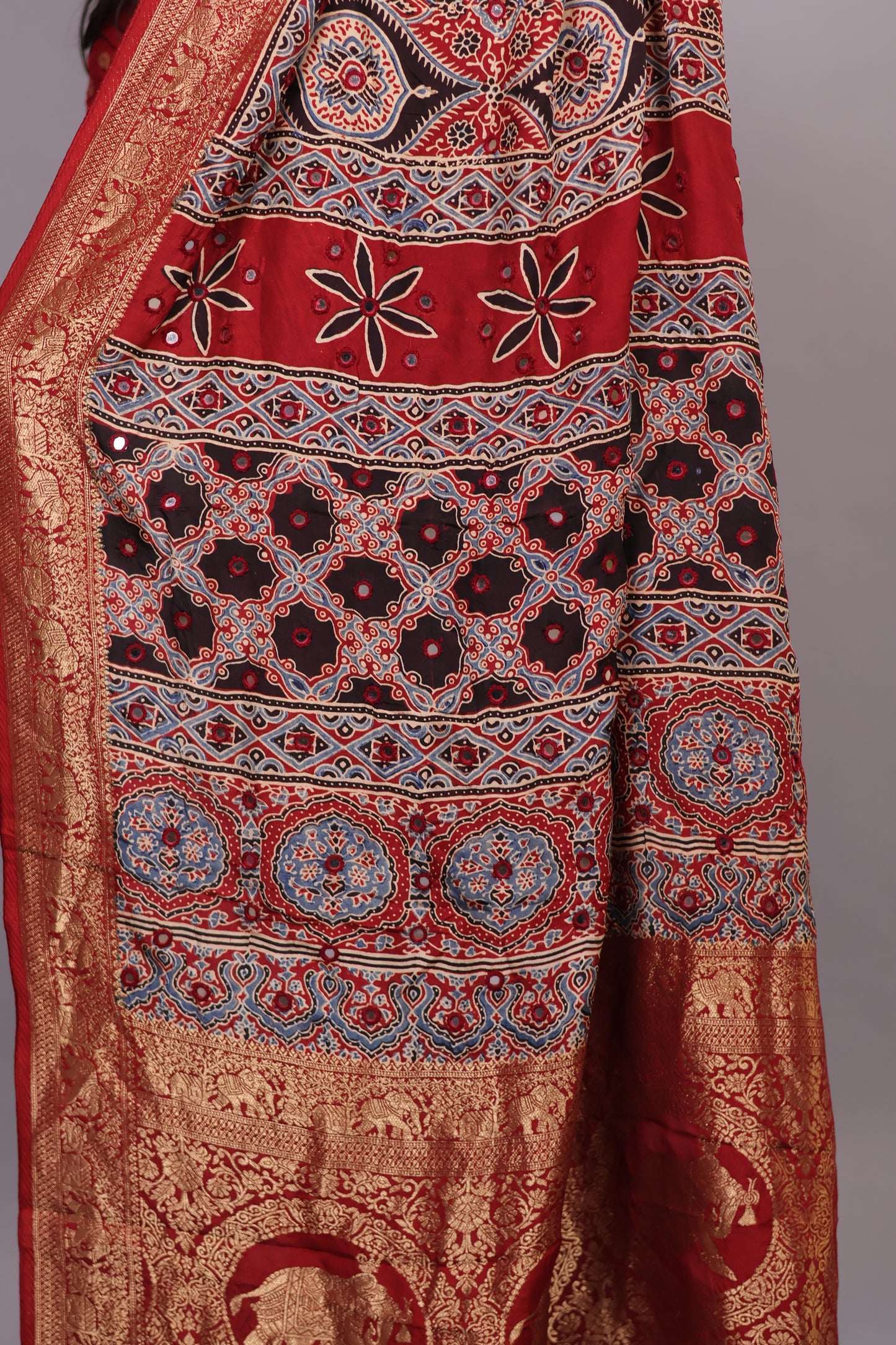 Red & Black Handcrafted Ajrakh Dola Silk Saree with Authentic Banjara Mirror Work | Looms & Tassel