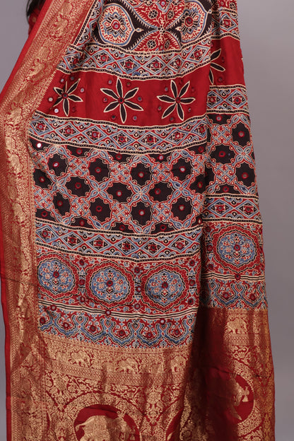 Red & Black Handcrafted Ajrakh Dola Silk Saree with Authentic Banjara Mirror Work | Looms & Tassel