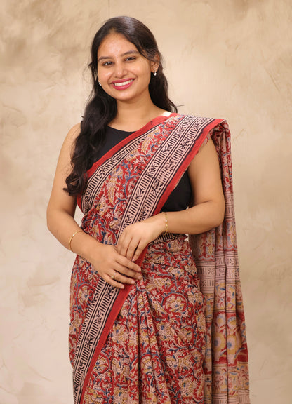 Maroon Hand Block Printed Kalamkari Cotton Saree | Looms & Tassels