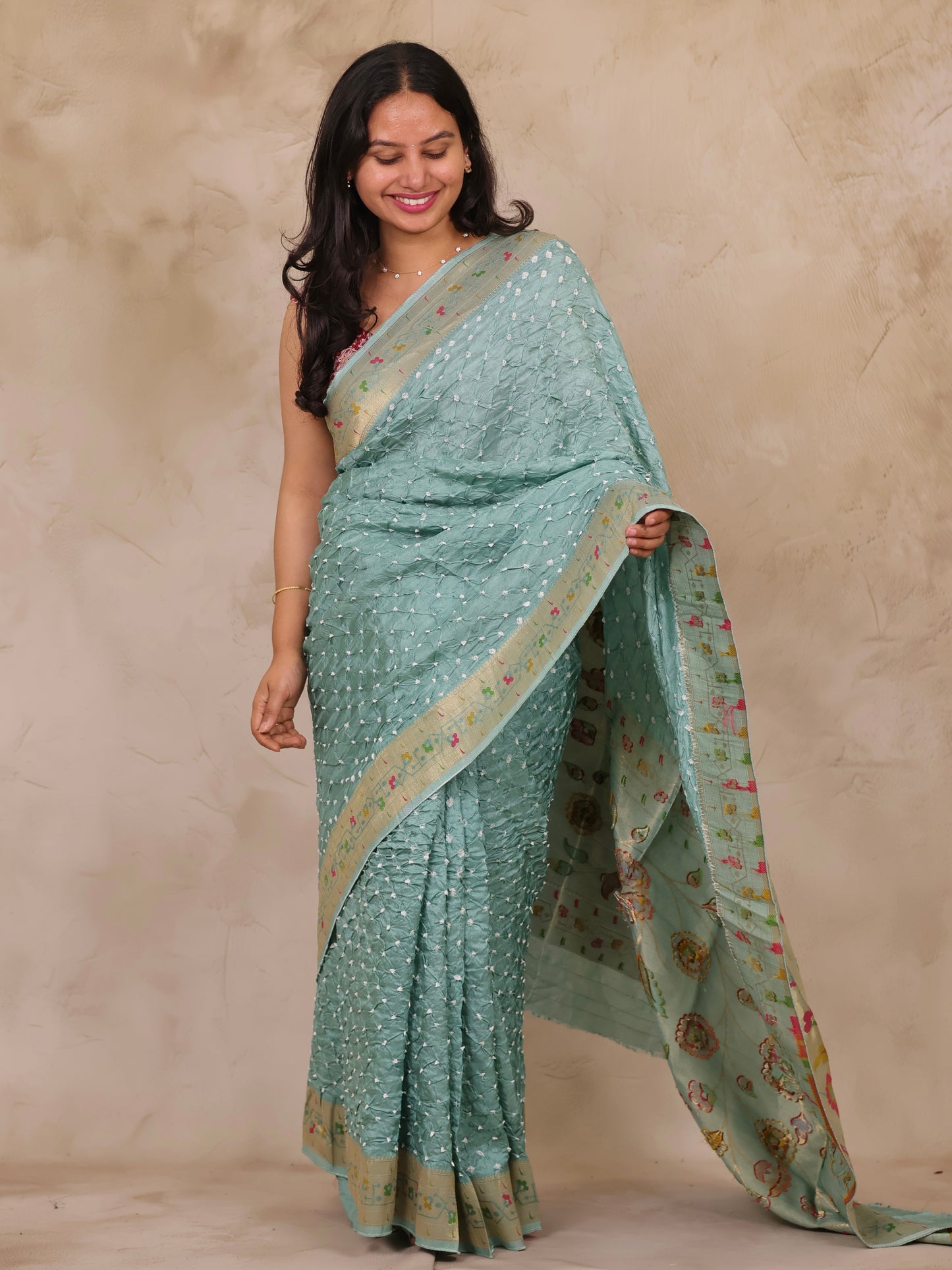 Sea Green Handcrafted Bandhani Paithani Dola Silk Saree | Looms & Tassels