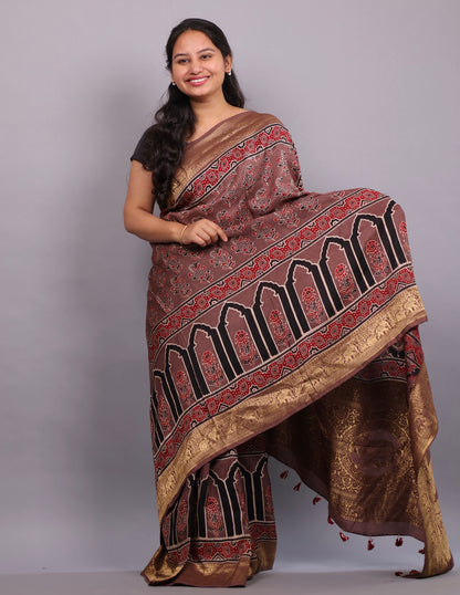 Brown Flower Butta Authentic Ajrakh Hand Block printed  Dola Silk Saree | Looms & Tassels