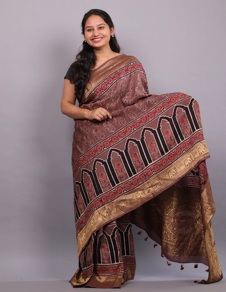 Brown Flower Butta Authentic Ajrakh Hand Block printed  Dola Silk Saree | Looms & Tassels