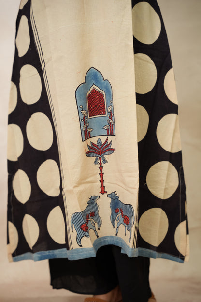 Cream Ajrakh Pattern Hand Block printed Aline Kurti | Looms & Tassels