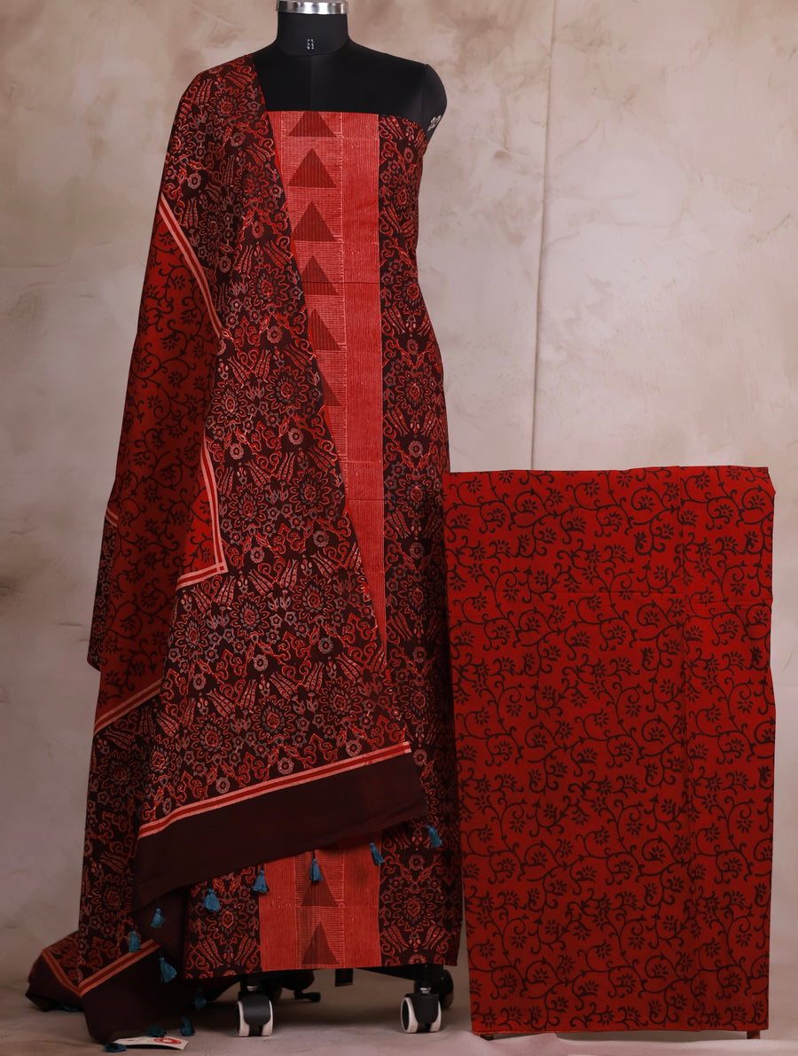 Ajrakh Handblock Printed Pure Cotton 3 piece suit set | Looms & Tassels
