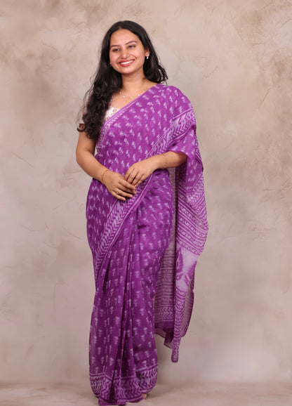 Purple Chiffon Hand Block Printed Saree | Looms & Tassels