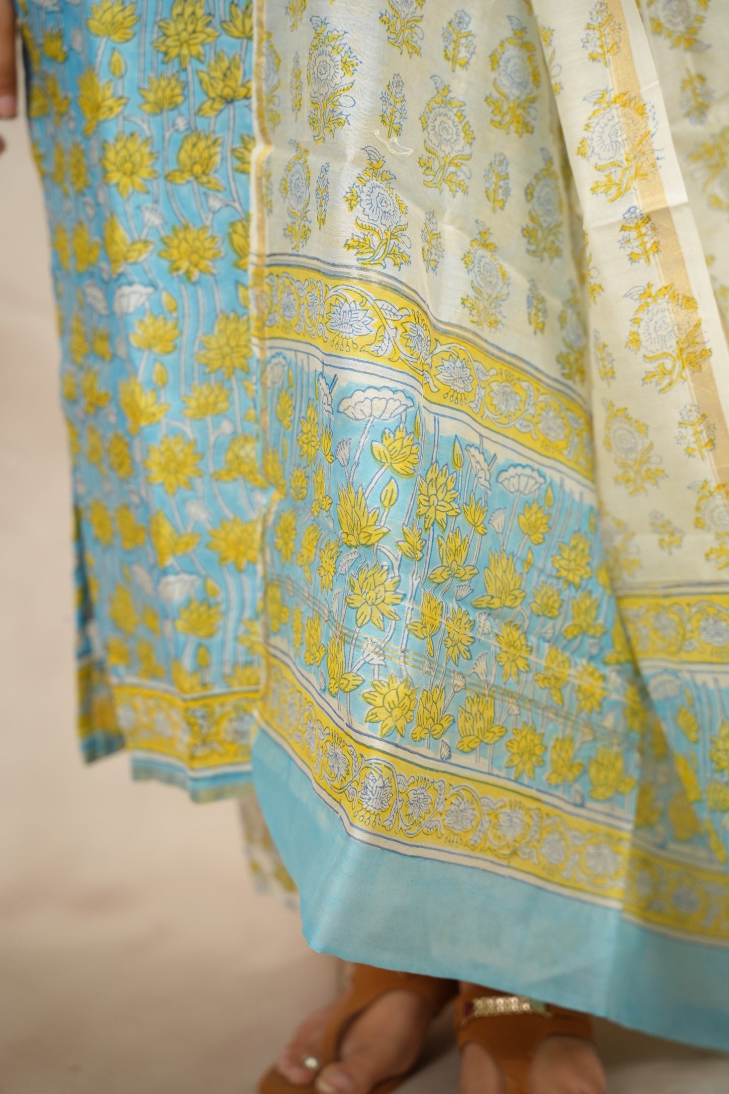 Powder Blue Handblock printed Pure Chenderi Silk 3 piece suit (stitched) |  Looms & Tassels