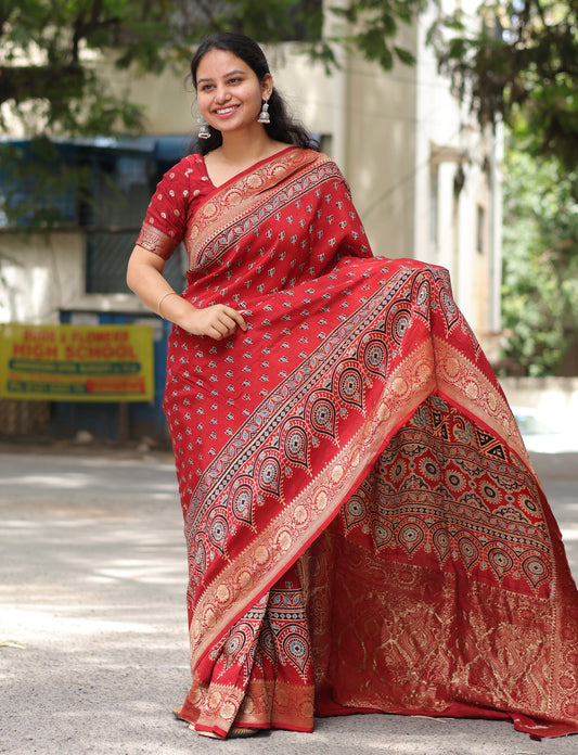 Ajrakh Dola Silk Saree