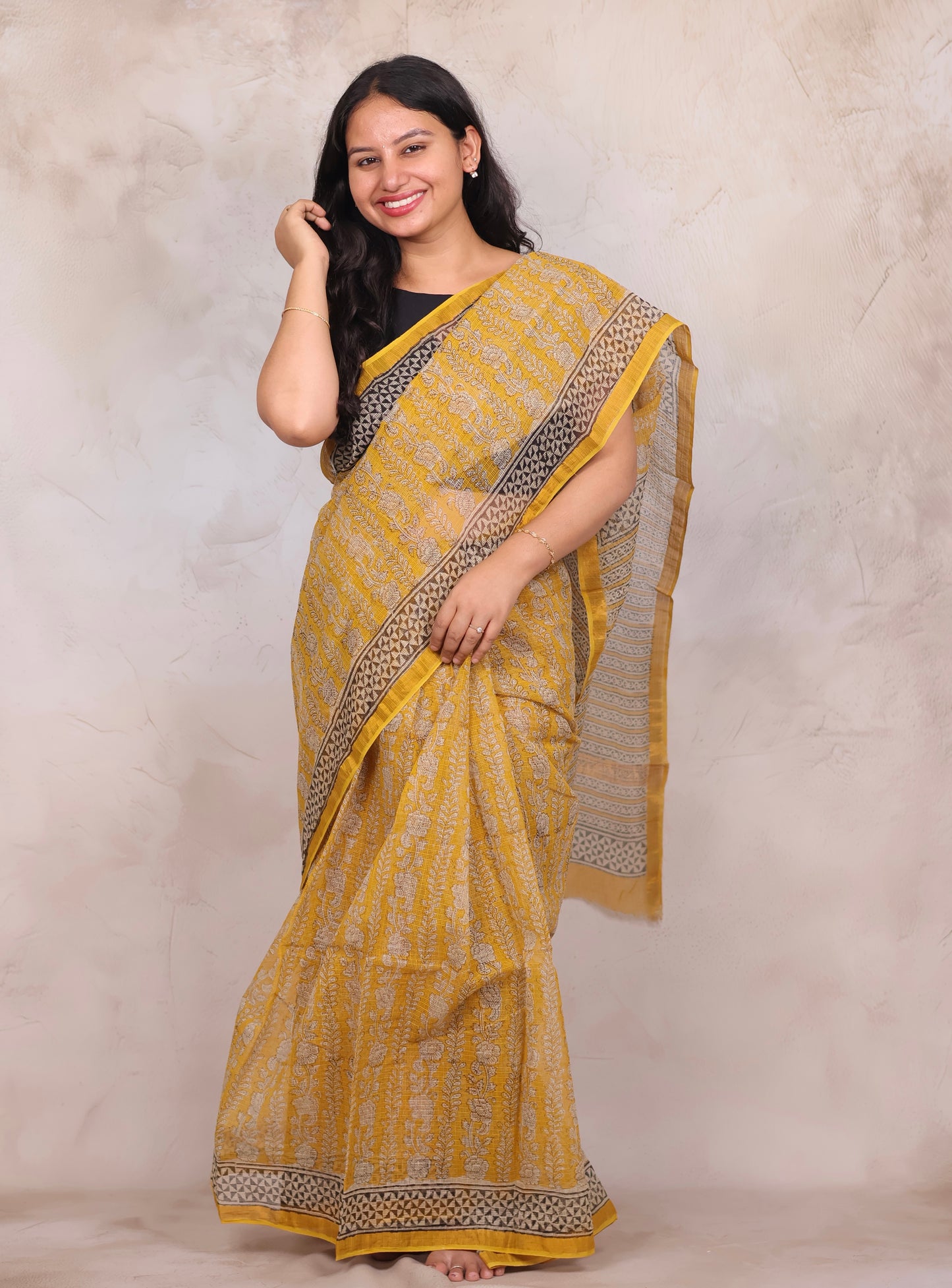 Yellow Pure Kota Doria Saree with Bagru Handblock Prints | Looms & Tassels