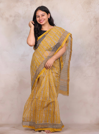 Yellow Pure Kota Doria Saree with Bagru Handblock Prints | Looms & Tassels