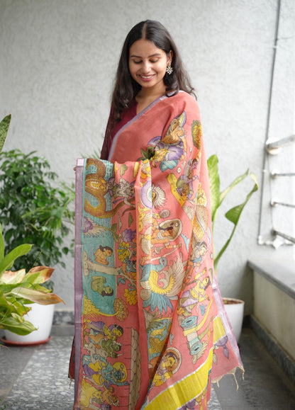 Peach Pen Kalamkari Mangalagiri silk Dupatta