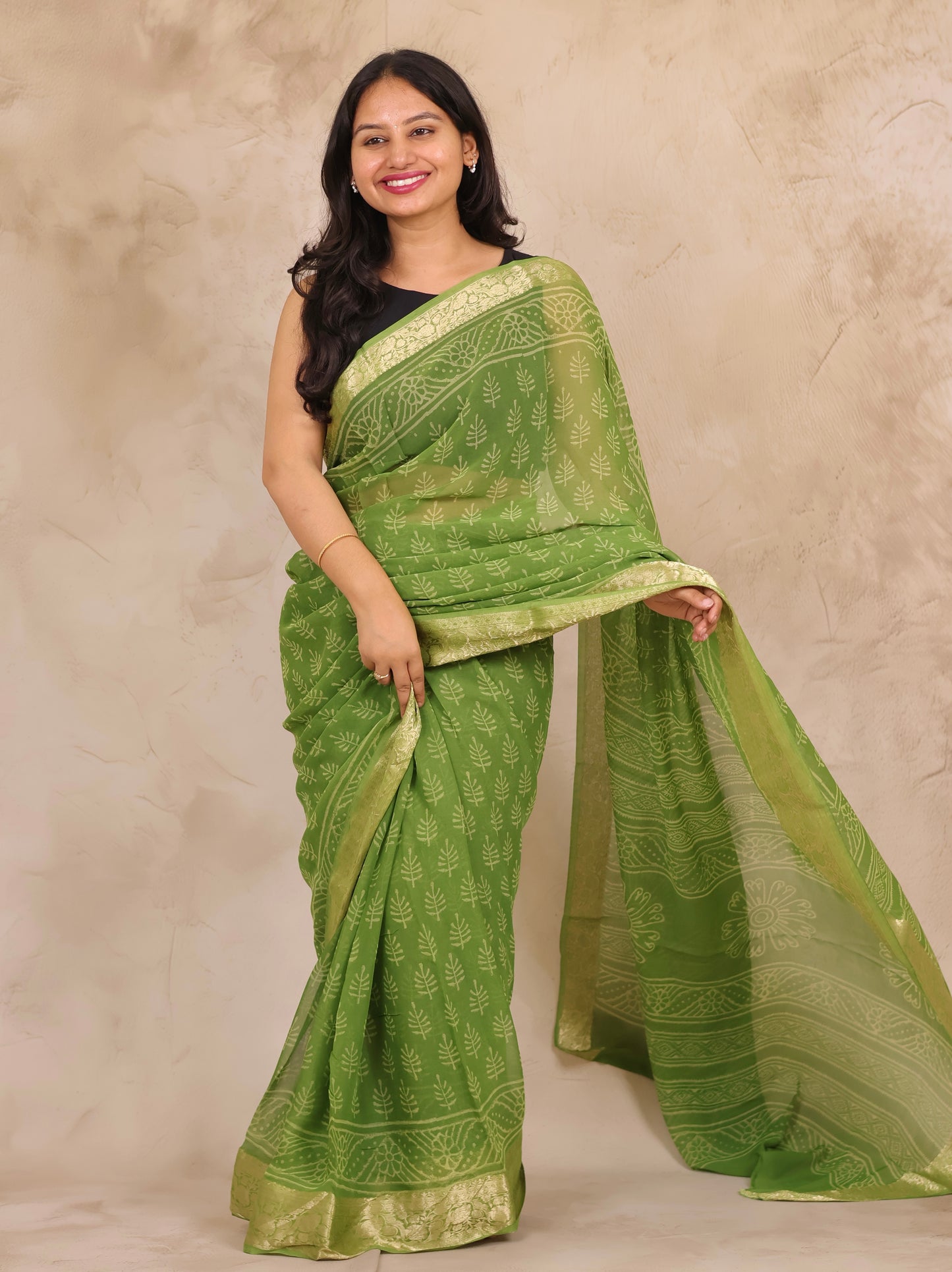 Green Chiffon Hand Block Printed Saree with Jari Border | Looms & Tassels