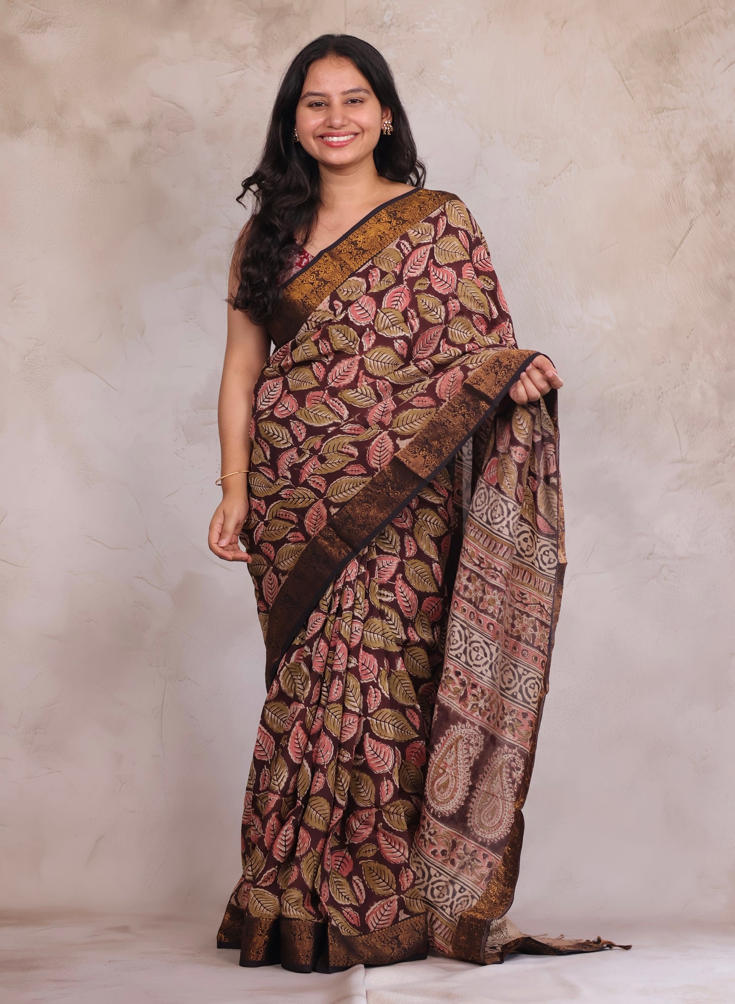 Brown Hand Block Printed Kalamkari Kanchi Border Silk Saree