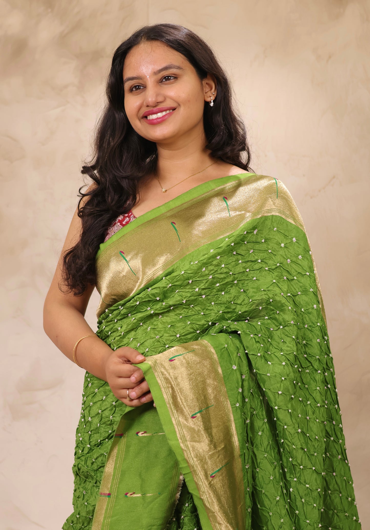 Green Handcrafted Bandhani Paithani Dola Silk Saree | Looms & Tassels