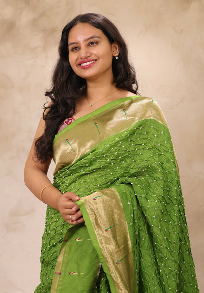Green Handcrafted Bandhani Paithani Dola Silk Saree | Looms & Tassels