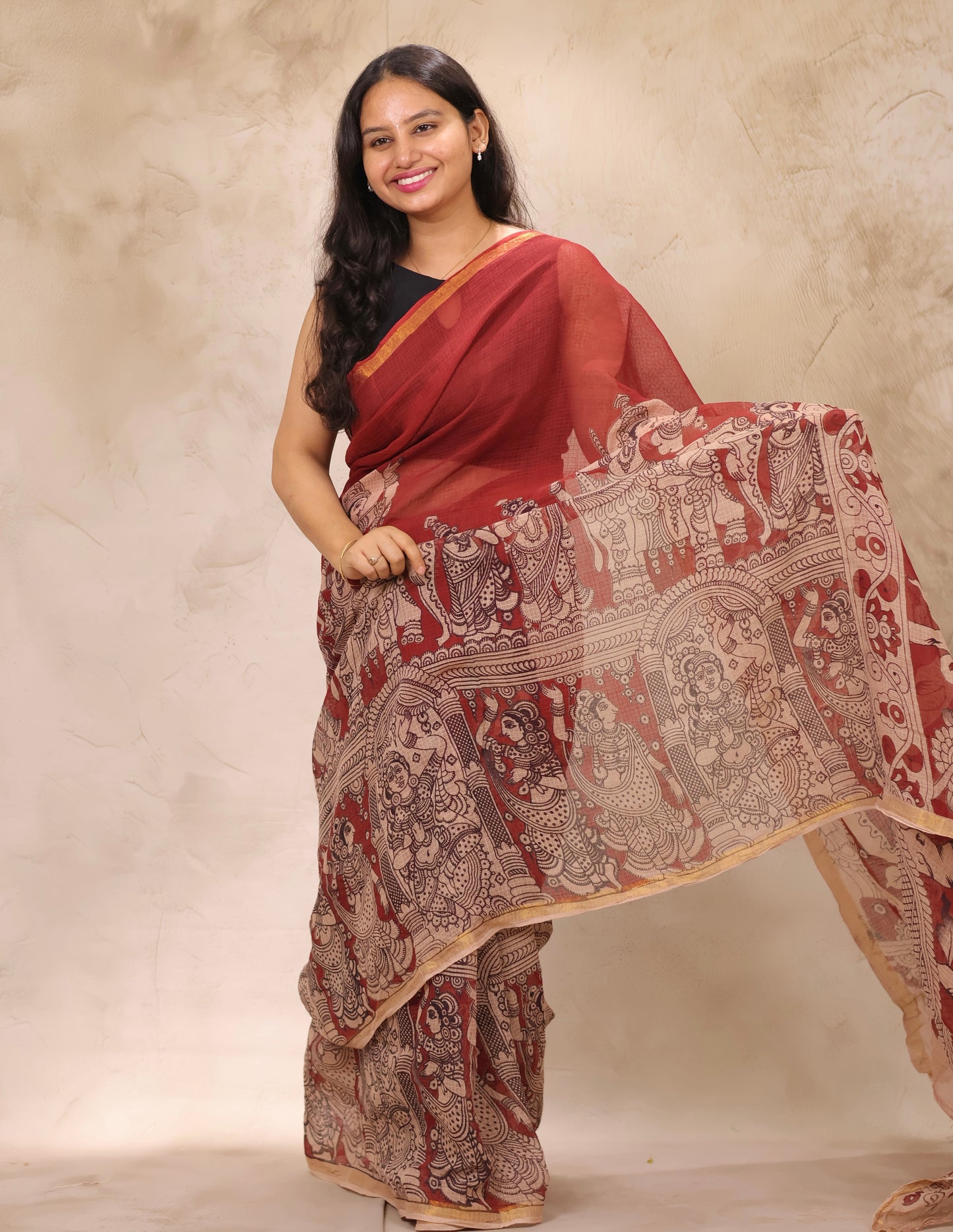 Maroon Kota Doria Saree with Kalamkari Handblock Prints | Looms & Tassels