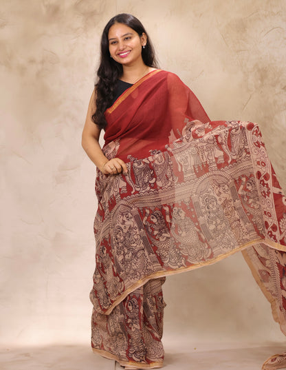 Maroon Kota Doria Saree with Kalamkari Handblock Prints | Looms & Tassels