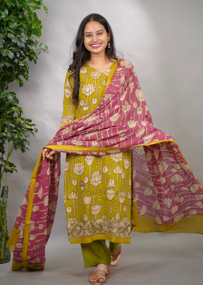 Lemon Green Kalamkari Kota Cotton 3 piece suit (stitched) | Looms & Tassels