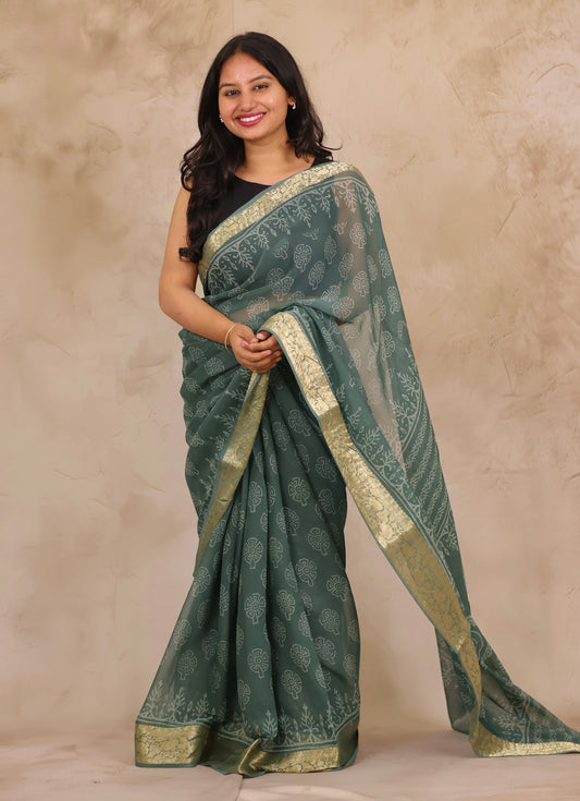 Sea Green Chiffon Hand Block Printed Saree with Jari Border | Looms & Tassels