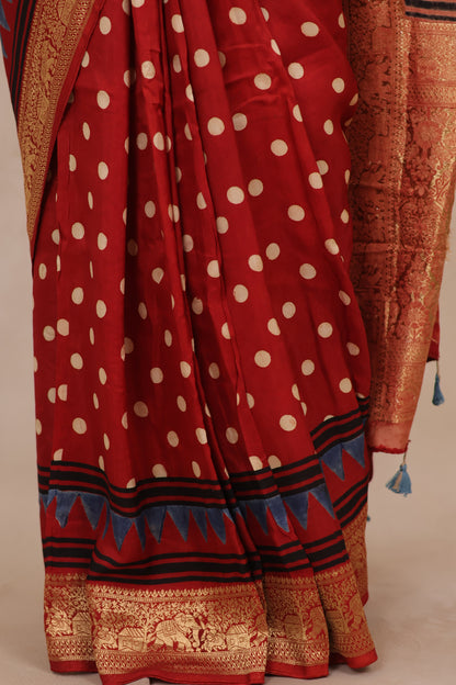 Red Ajrakh Handblock printed Dola Silk Saree | Looms & Tassels