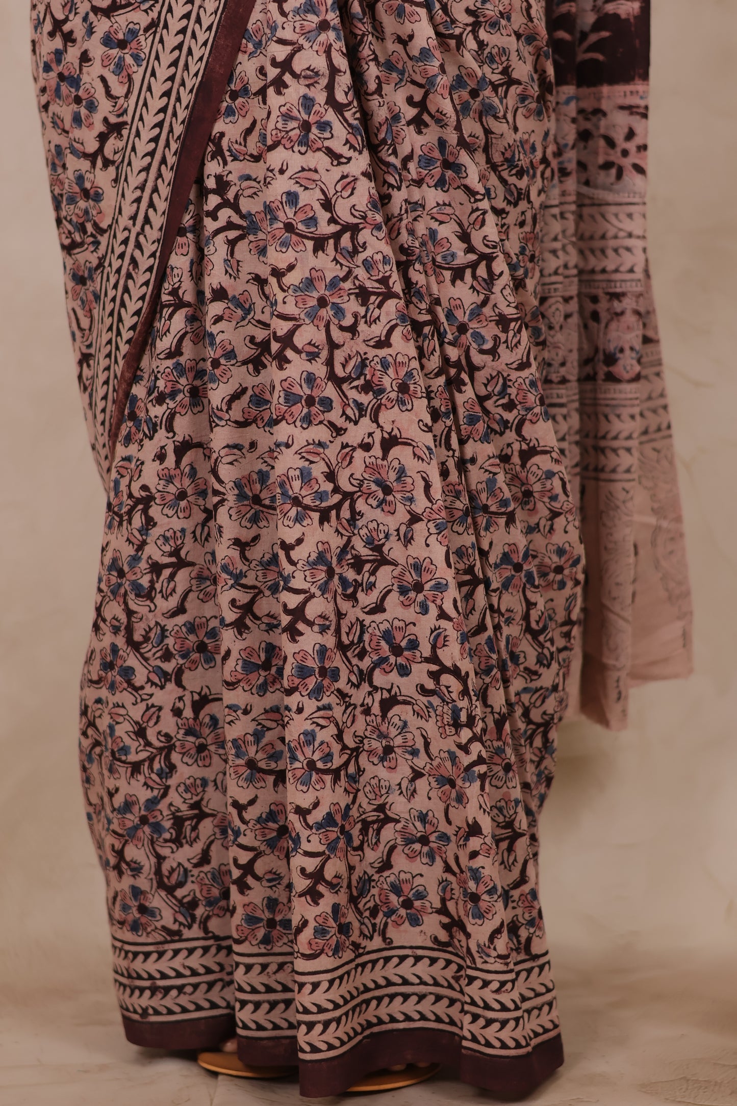 Brown Hand Block Printed Kalamkari Cotton Saree | Looms & Tassels