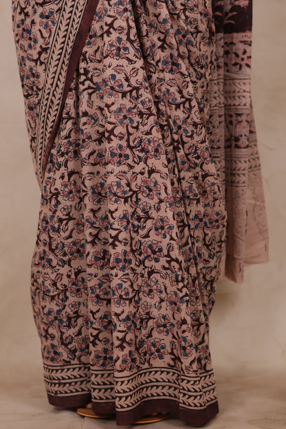 Brown Hand Block Printed Kalamkari Cotton Saree | Looms & Tassels