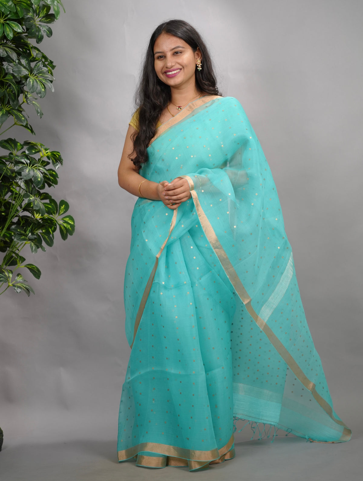 Ice Blue Handwoven Muslin Silk Saree With Sequence Work | Looms & Tassels