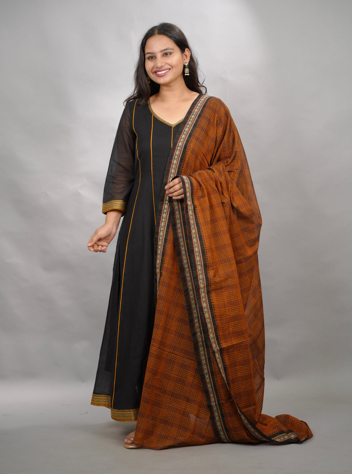 Black Narayanpet Cotton Anarkali Dress with Narayanpet Dupatta | Looms & Tassels