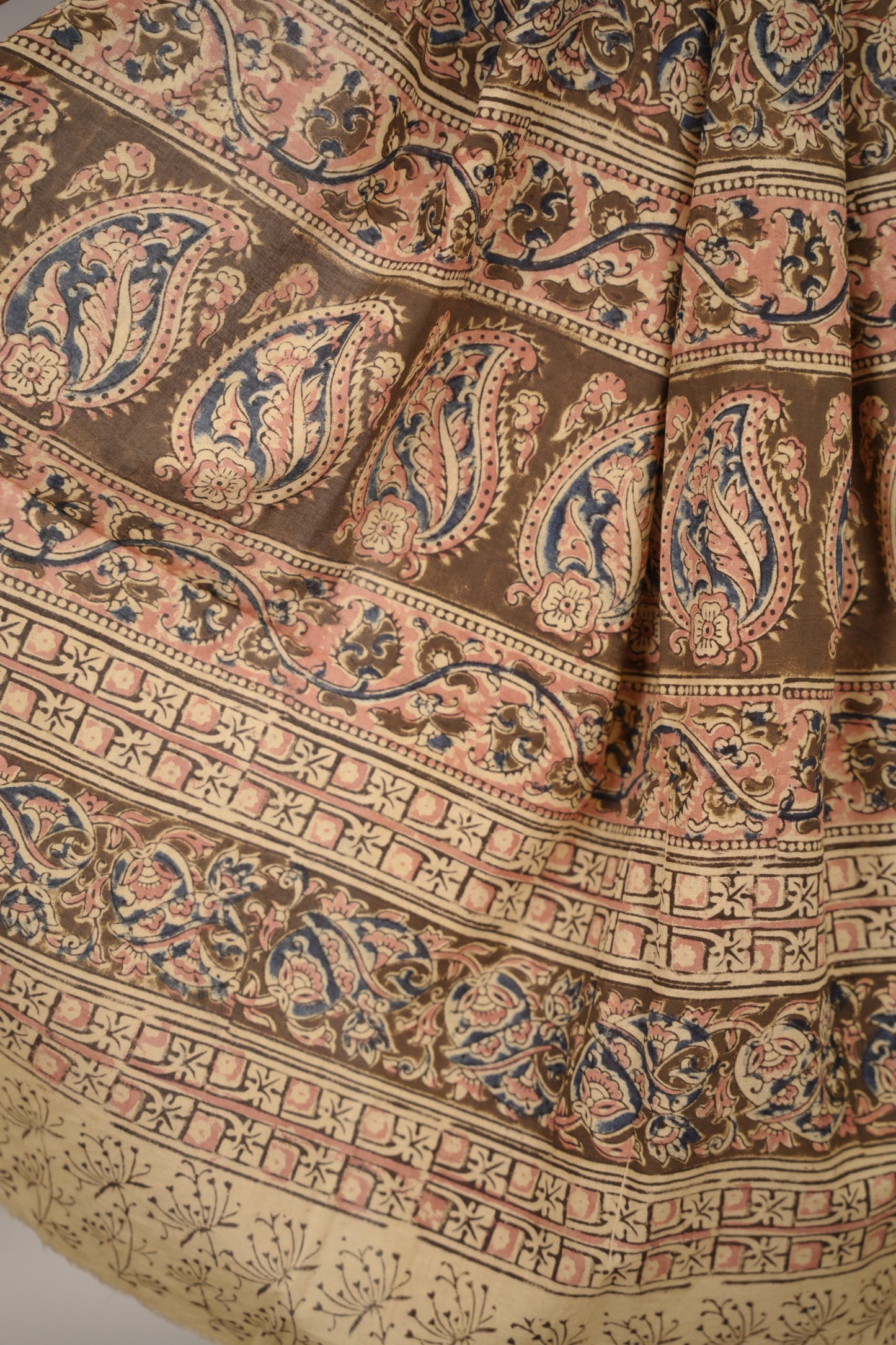 Cream Hand Block Printed Kalamkari Cotton Saree | Looms & Tassels