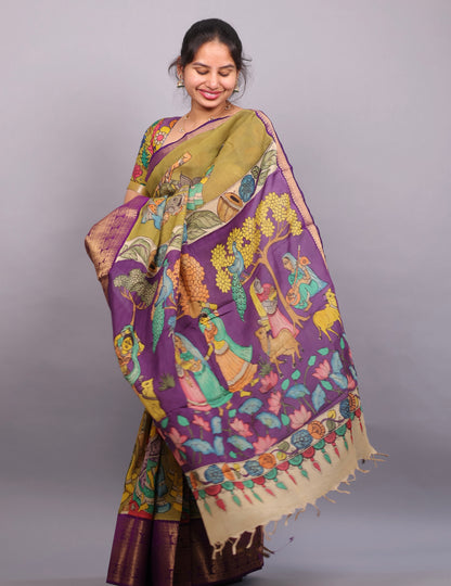 Mehendi Green Hand Painted Pen Kalamkari Silk Saree