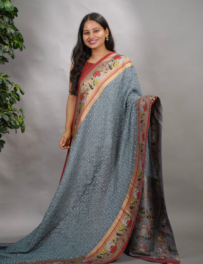 Grey Handcrafted Bandhani Paithani Dola Silk Saree | Looms & Tassels