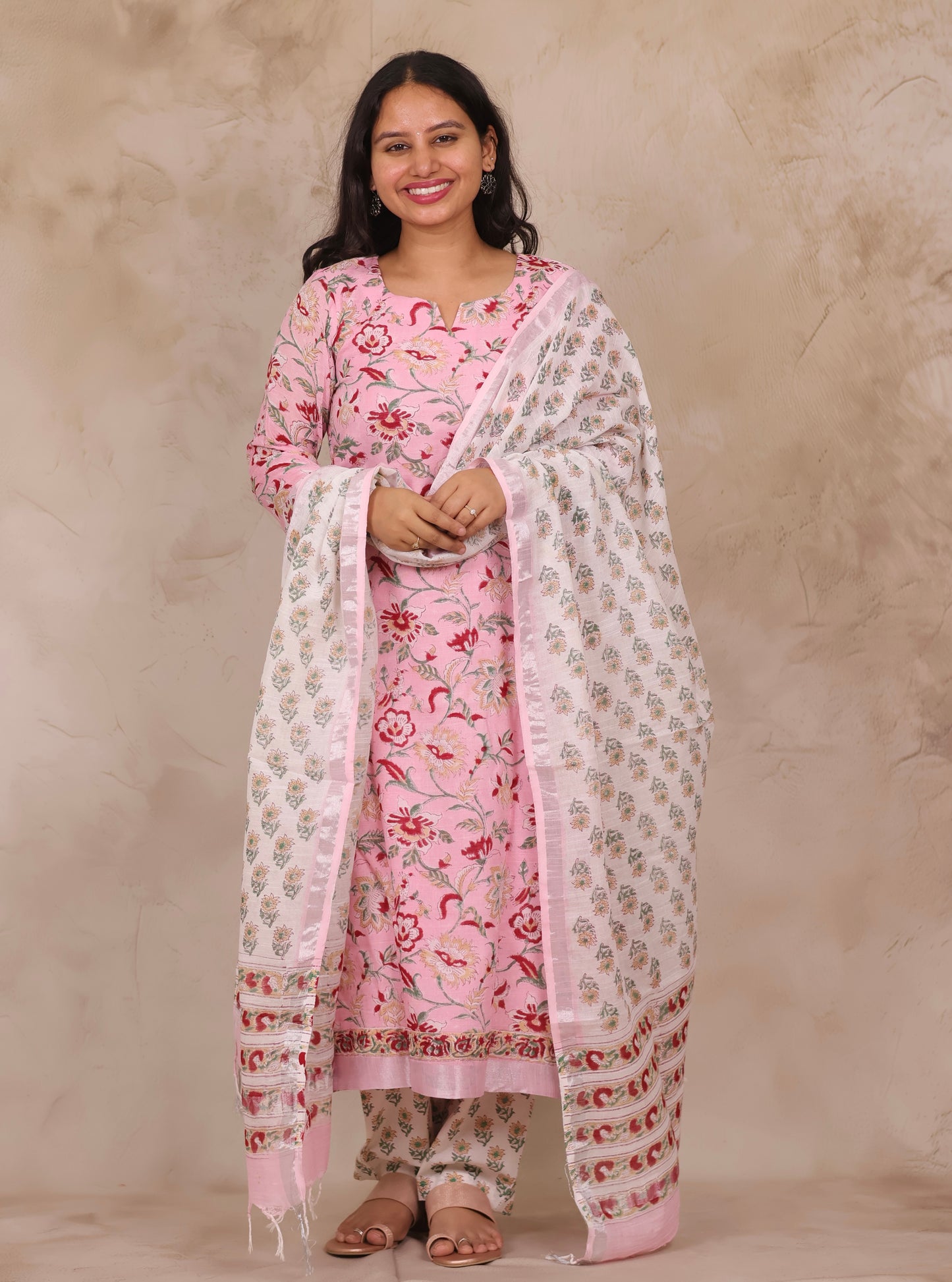 Baby Pink Linen Cotton Handblock printed 3 piece suit (stitched)